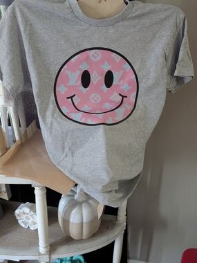 Gray Tee with Pink Smiley Graphic
